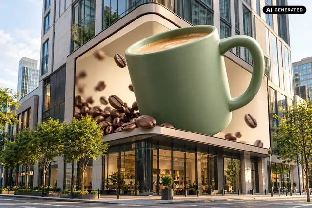 KI-generiertes Beispiel: Eine Tasse scheint plastisch aus einem Fassadenplakat hervorzutreten.