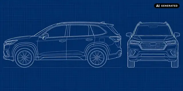 KI-generiertes Beispiel: Ein SUV erscheint als schematische Linienzeichnung auf blauem Grund, ohne erfundene Maßangaben.