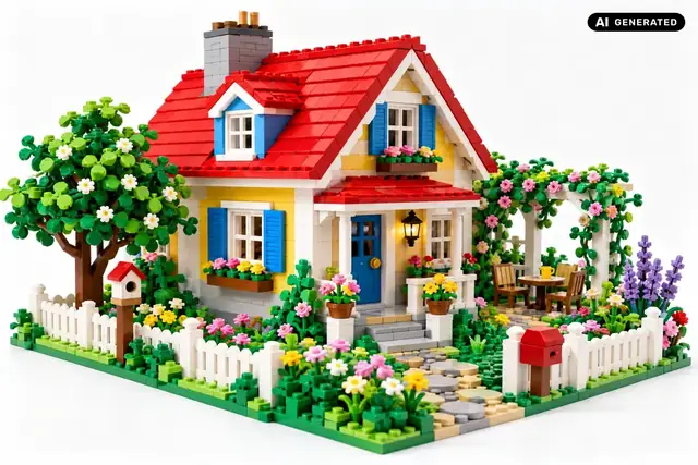 KI-generiertes Beispiel: Ein Haus erscheint als Bausteinmodell mit kleinen Fenstern und Garten.