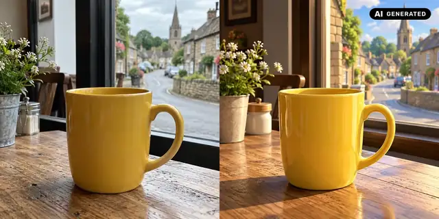 KI-generiertes Beispiel: Vorher: neutrales Ausgangsfoto. Nachher: Räumlich gerendert.