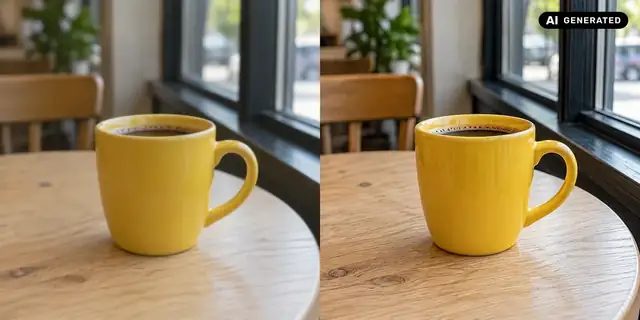 KI-generiertes Beispiel: Vorher: neutrales Ausgangsfoto. Nachher: Detailreicher Fotolook.