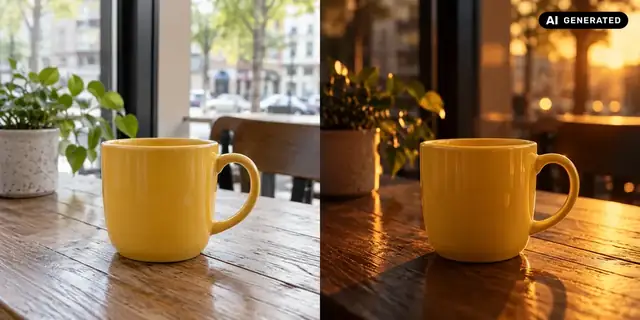 KI-generiertes Beispiel: Vorher: neutrales Ausgangsfoto. Nachher: Wie eine Filmszene.
