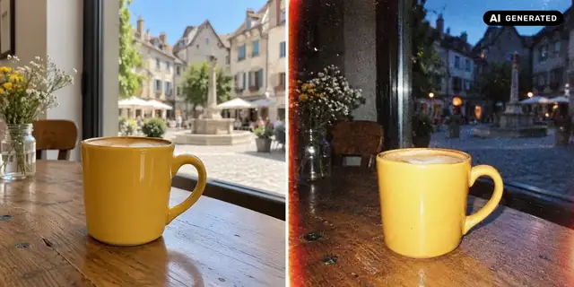 KI-generiertes Beispiel: Vorher: neutrales Ausgangsfoto. Nachher: Wie mit der Einwegkamera.