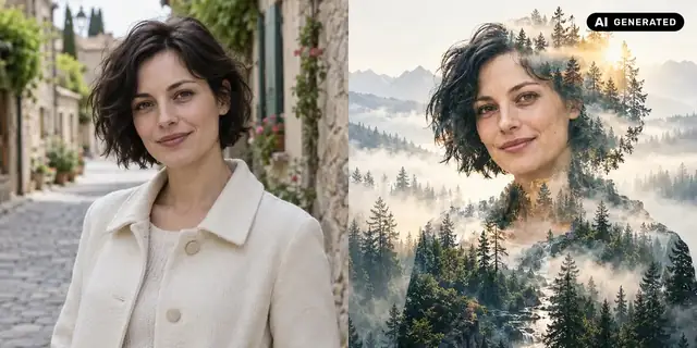 KI-generiertes Beispiel: Vorher: neutrales Ausgangsfoto. Nachher: Zwei Bilder, ein Motiv.