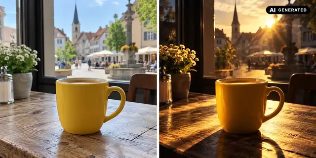 KI-generiertes Beispiel: Vorher: neutrales Ausgangsfoto. Nachher: Licht mit Drama.