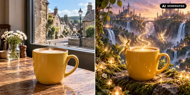 KI-generiertes Beispiel: Vorher: neutrales Ausgangsfoto. Nachher: Eine fantastische Welt.