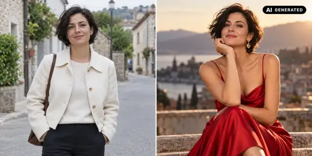 KI-generiertes Beispiel: Vorher: neutrales Ausgangsfoto. Nachher: Ein Fashion-Moment.
