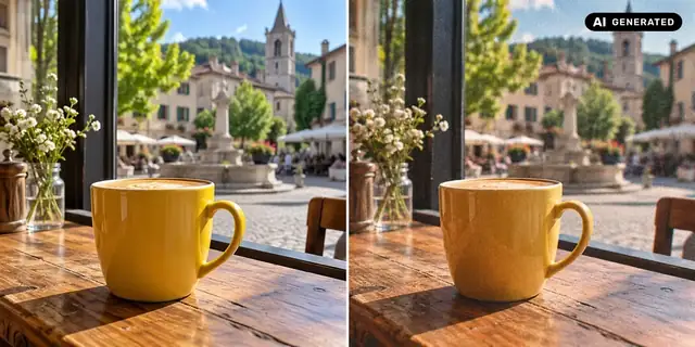 KI-generiertes Beispiel: Vorher: neutrales Ausgangsfoto. Nachher: Ein bisschen Filmkorn.