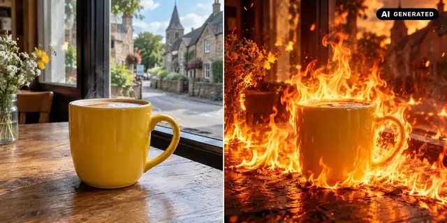 KI-generiertes Beispiel: Vorher: neutrales Ausgangsfoto. Nachher: Licht aus Flammen.