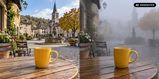 KI-generiertes Beispiel: Vorher: neutrales Ausgangsfoto. Nachher: Mitten im Nebel.