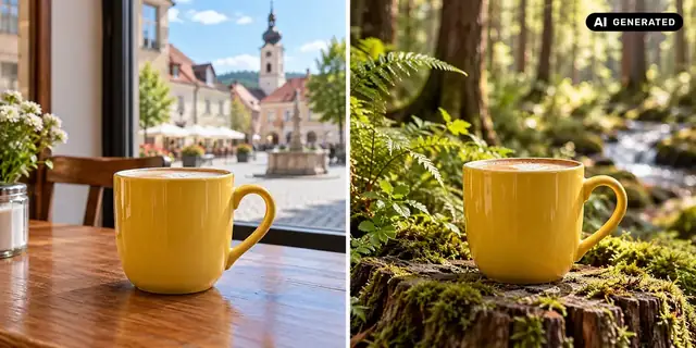 KI-generiertes Beispiel: Vorher: neutrales Ausgangsfoto. Nachher: Zwischen den Bäumen.