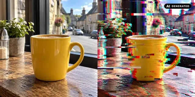KI-generiertes Beispiel: Vorher: neutrales Ausgangsfoto. Nachher: Ein digitaler Bruch.