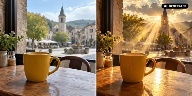 KI-generiertes Beispiel: Vorher: neutrales Ausgangsfoto. Nachher: Sonnenstrahlen im Raum.