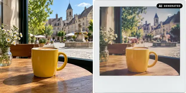 KI-generiertes Beispiel: Vorher: neutrales Ausgangsfoto. Nachher: Ein spontanes Sofortbild.