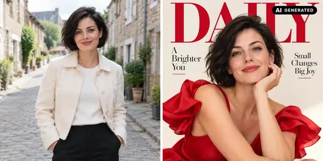 KI-generiertes Beispiel: Vorher: neutrales Ausgangsfoto. Nachher: Dein Motiv auf dem Cover.