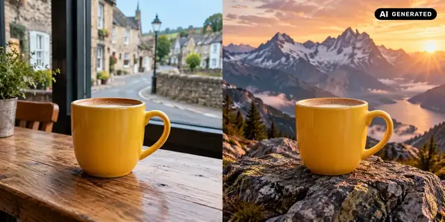 KI-generiertes Beispiel: Vorher: neutrales Ausgangsfoto. Nachher: Vor einer Bergkulisse.