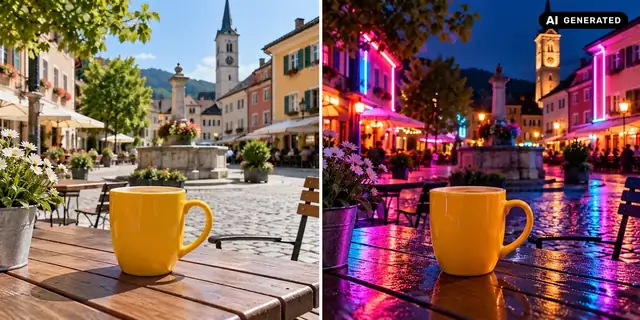 KI-generiertes Beispiel: Vorher: neutrales Ausgangsfoto. Nachher: Licht in Neonfarben.