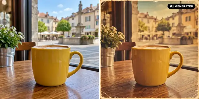 KI-generiertes Beispiel: Vorher: neutrales Ausgangsfoto. Nachher: Zurück in die Retrozeit.