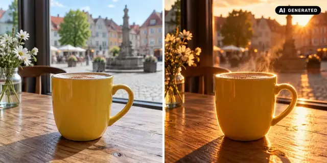 KI-generiertes Beispiel: Vorher: neutrales Ausgangsfoto. Nachher: Eine leuchtende Kontur.