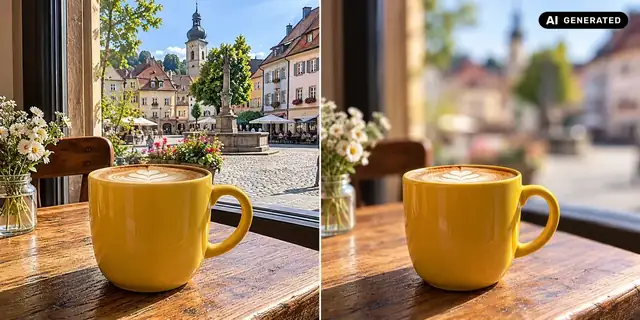 KI-generiertes Beispiel: Vorher: neutrales Ausgangsfoto. Nachher: Motiv scharf, Hintergrund weich.
