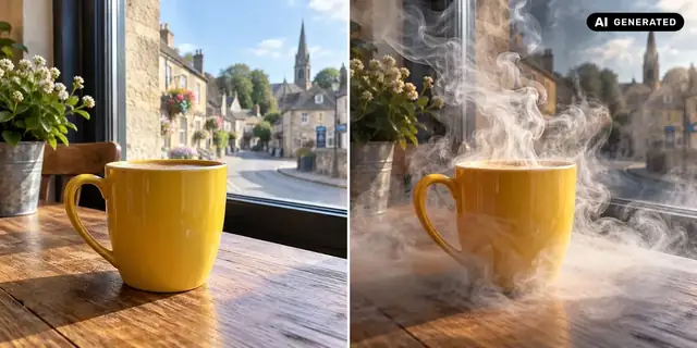 KI-generiertes Beispiel: Vorher: neutrales Ausgangsfoto. Nachher: Atmosphäre aus Rauch.