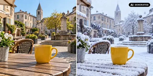 KI-generiertes Beispiel: Vorher: neutrales Ausgangsfoto. Nachher: Winter für dein Motiv.