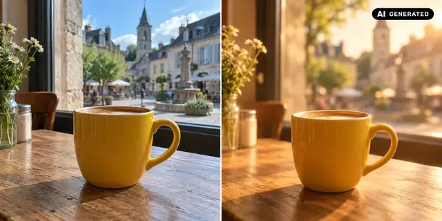 KI-generiertes Beispiel: Vorher: neutrales Ausgangsfoto. Nachher: Sanftes Licht.