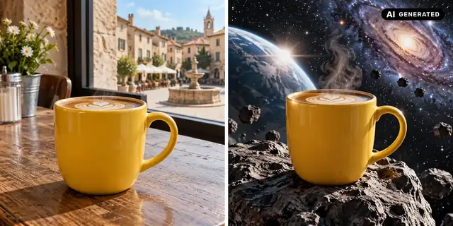 KI-generiertes Beispiel: Vorher: neutrales Ausgangsfoto. Nachher: Dein Motiv im All.