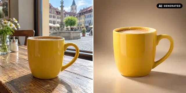 KI-generiertes Beispiel: Vorher: neutrales Ausgangsfoto. Nachher: Wie im Fotostudio.