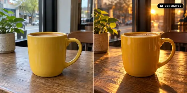 KI-generiertes Beispiel: Vorher: neutrales Ausgangsfoto. Nachher: Wie echt fotografiert.