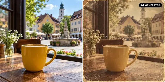 KI-generiertes Beispiel: Vorher: neutrales Ausgangsfoto. Nachher: Ein klassischer Fotolook.