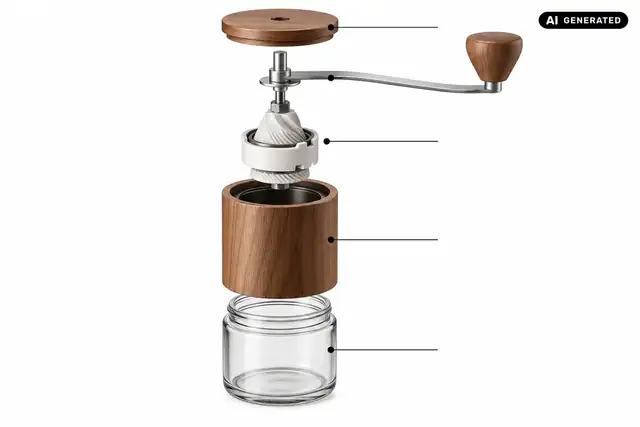 KI-generiertes Beispiel: Eine Kaffeemühle zeigt Deckel, Kurbel, Mahlwerk, Holzgehäuse und Auffangglas getrennt angeordnet.