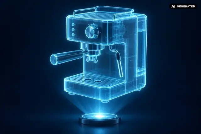 KI-generiertes Beispiel: Eine Espressomaschine erscheint als leuchtendes blaues Hologramm.