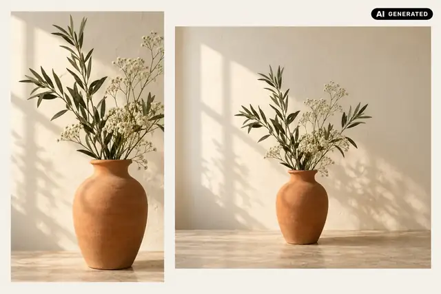 KI-generiertes Beispiel: Das Bild ist quadratisch. Die ganze Vase bleibt sichtbar; die seitlichen Flächen werden passend zum vorhandenen Hintergrund ergänzt.