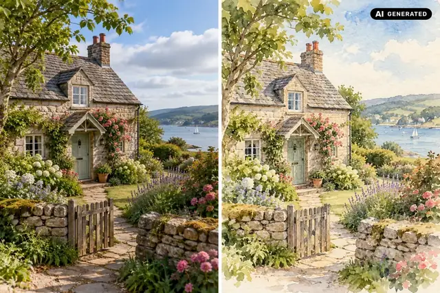 KI-generiertes Beispiel: Haus und Garten erscheinen als Aquarellillustration mit weichen Farbflächen und sichtbarer Papierstruktur. Der ursprüngliche Bildaufbau bleibt erkennbar.