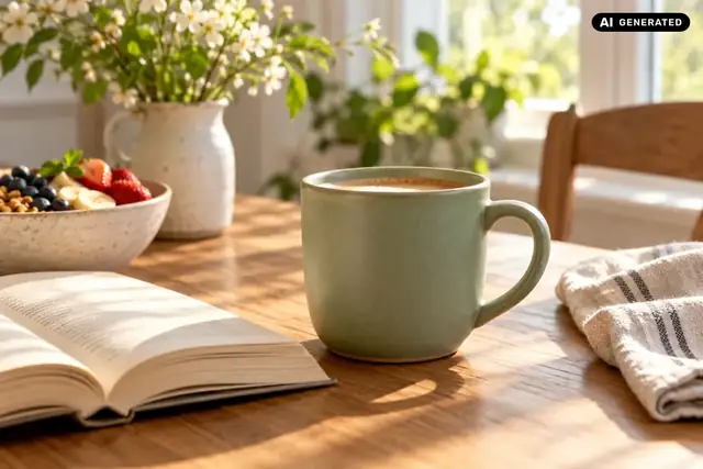 KI-generiertes Beispiel: Eine Tasse steht auf einem Frühstückstisch im natürlichen Morgenlicht.