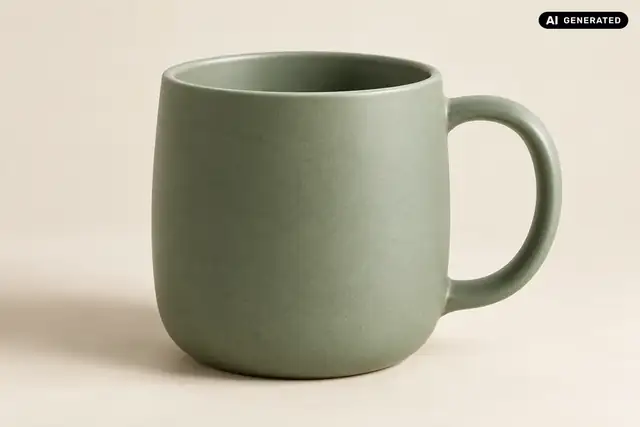 KI-generiertes Beispiel: Eine grüne Keramiktasse steht vor einem neutralen Studiohintergrund mit weichem Licht.