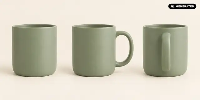 KI-generiertes Beispiel: Eine Tasse wird aus drei Blickrichtungen gezeigt: von vorne, seitlich und von hinten.