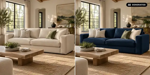 KI-generiertes Beispiel: Das Sofa ist dunkelblau. Stoffstruktur, Falten und Schatten bleiben sichtbar; Wand und übrige Einrichtung behalten ihre Farben.