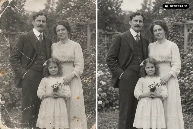 KI-generiertes Beispiel: Das Foto zeigt weniger sichtbare Kratzer und Flecken. Sein ursprünglicher Look bleibt erhalten; unklare Gesichtsdetails sollen nicht neu erfunden werden.