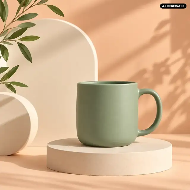 KI-generiertes Beispiel: Eine Tasse steht vor einem warmen, grafischen Hintergrund. Überschrift: „Dein Moment am Morgen“. Handlungsaufforderung: „Jetzt entdecken“.