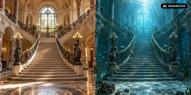 KI-generiertes Beispiel: Vorher: eine historische Treppe. Nachher: dieselbe Treppe unter Wasser.